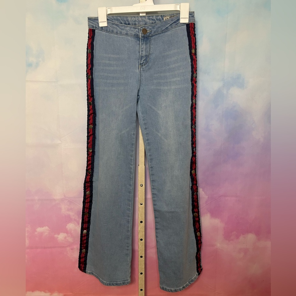 Vintage Rock & Indigo bootcut jeans size 2/25 w red & navy trim button detail